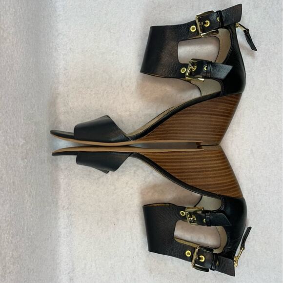 SAM EDELMAN Suzanna Leather Peep Toe Wedge Sandal Sz 8 Double Buckle Straps - Picture 5 of 13